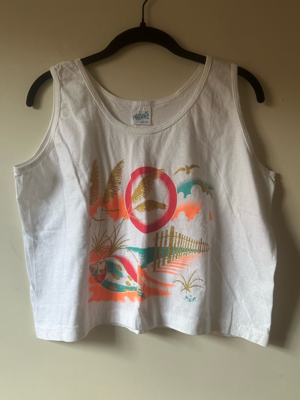 Vintage 80s Cropped Single Stitch Neon Beach Graphic Tank Alore Cotton USA